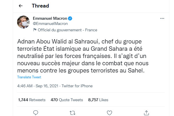 সাহারায় আইএস নেতাকে হত্যা করেছে ফরাসি সৈন্যরা, জানালেন ম্যাক্রন