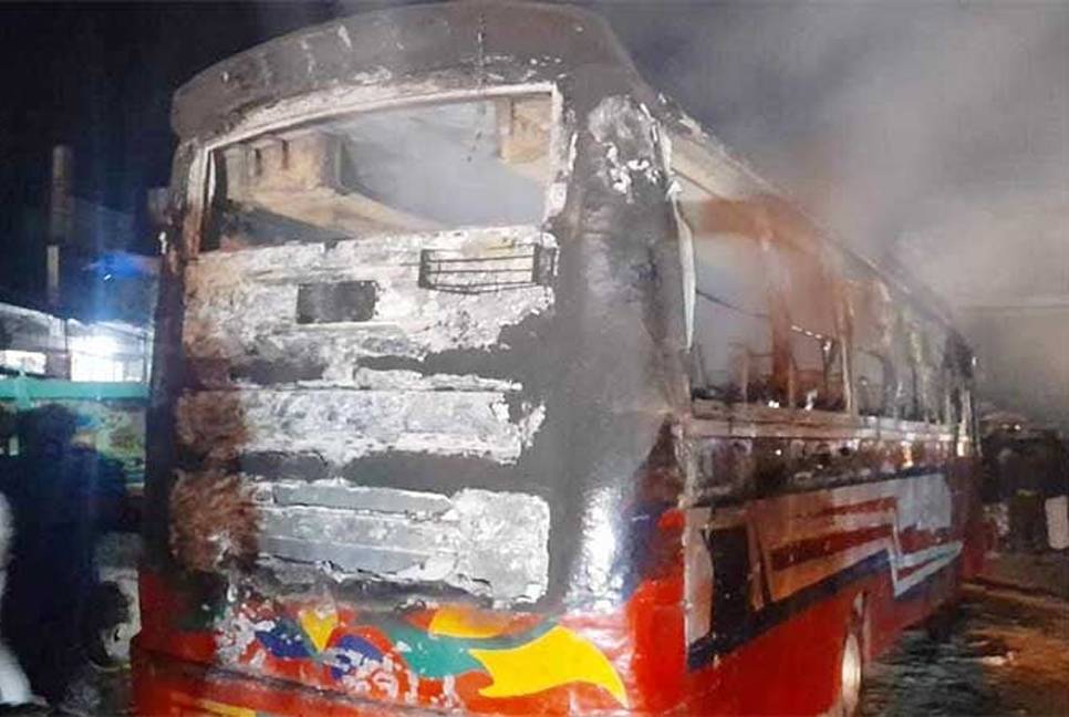 Bus torched at Shonir Akhra